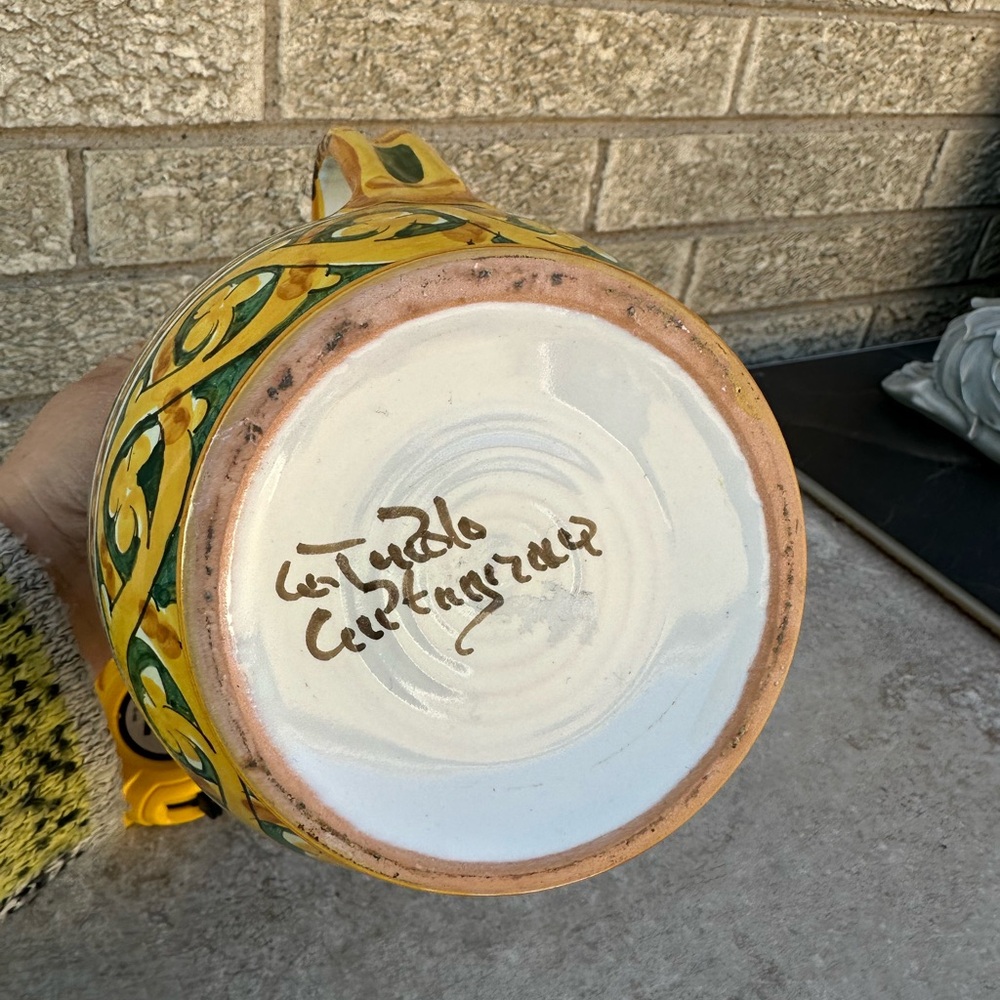 Italian Hand-Painted Ceramic Pitcher in Green and Yellow - Picture 4 of 4